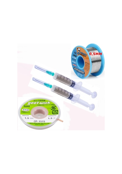 Dörtlü Set Flux,lehim Emme Tel 1,5mm Ve Lehim Teli Soldering 63sn/37pb Flux %1-3 40gr 0,5mm