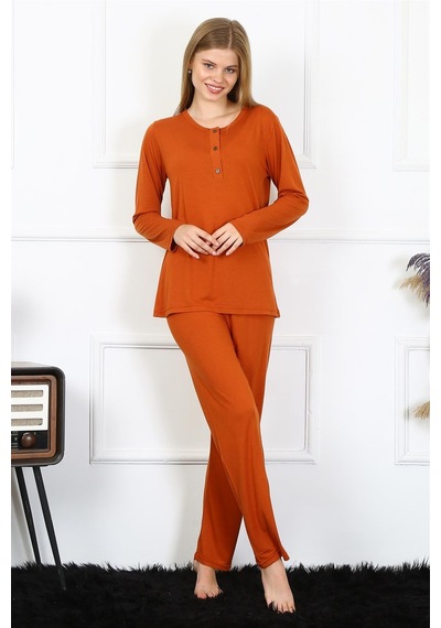 Akbeniz Kadın Penye Uzun Kol Patlı Pijama Takım 4168 - L Kiremit