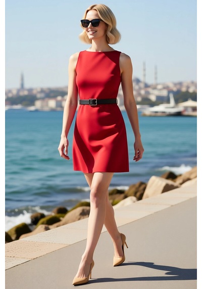 Benerly Kadın Kolsuz A Kesim Mini Elbise Kayık Yaka Kemerli Esnek Dokuma Kırmızı