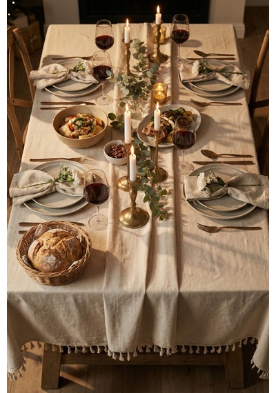 Linen Vintage Püsküllü Naturel Keten Masa Örtüsü - Ham Bej Yıkanmış Keten Bohem Sofra Örtüsü