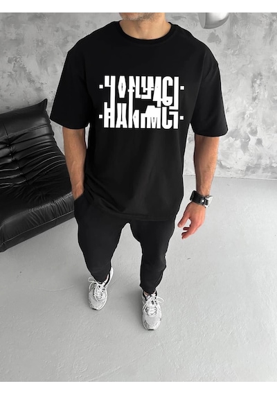 Barlashive Erkek Tişört Kısa Kol Bisiklet Yaka Katlanan Hanımcı Baskılı T-shirt - Siyah Çok Renkli