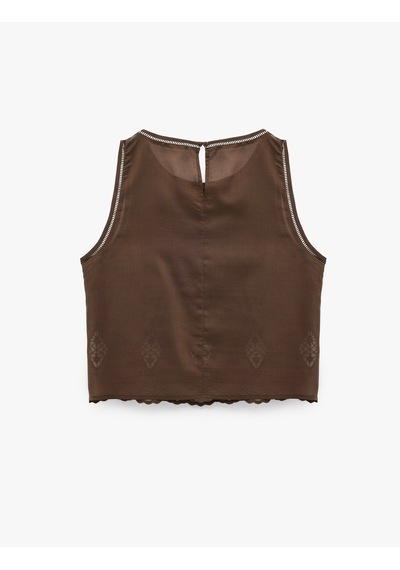 Koton Kolsuz Bisiklet Yaka Dantelli Brodeli Bluz Kahverengi 6sak30044pw Kahve