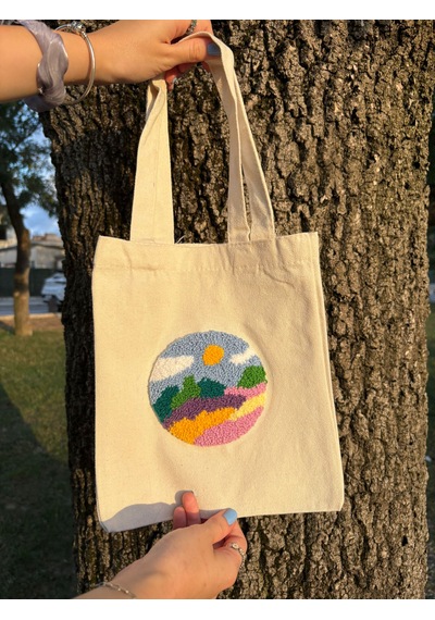 Bolergıashop Montado Tasarım Canvas Omuz Çantası Bej - Beyaz - Mavi Punch İşleme -