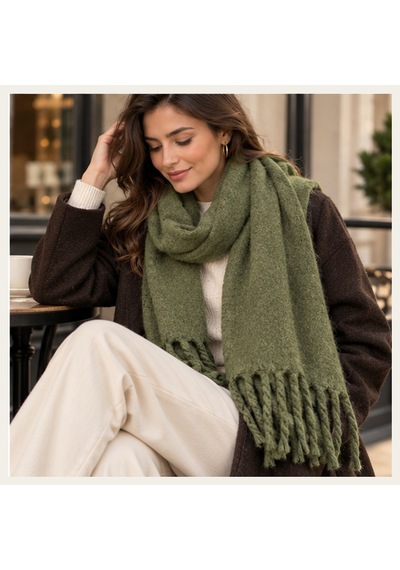 Oliva Muse Haki Yeşil Oversize Soft Touch Püsküllü Kışlık Şal Old Money Stil, Yumuşak Dokulu Premium Kadın Atkı & Omuz Şalı 50x175 Cm Çok Renkli