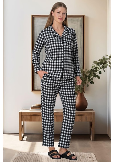 Lohusa Sepeti Lohusasepeti Ekose Desen Önden Düğmeli Lohusa Pijama Takımı Turuncu - 5928 001