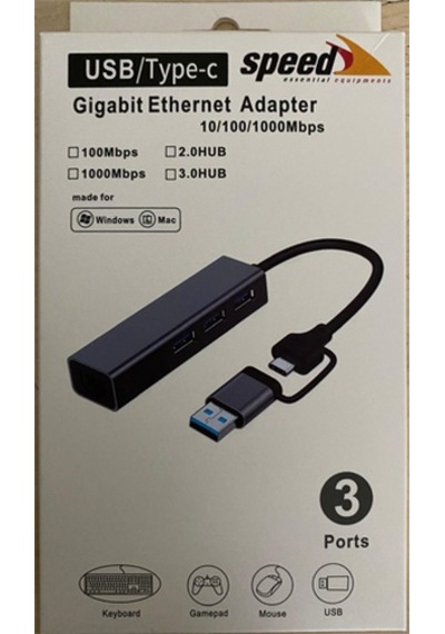 Speed Sp-uet01 3 Port Usb Type-c To Ethernet Gigabit Ethernet Rj45 Çevirici