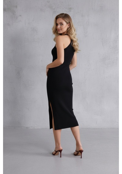 Defymoda Kadın Siyah Halter Yaka Yırtmaçlı Pamuklu Fitilli Likralı Kaşkorse Slim Fit Midi Elbise Siyah