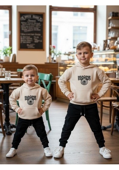Zekids Erkek Çocuk Ayıcık Desenli Kapüşonlu Eşofman Takım-16350 Krem Siyah