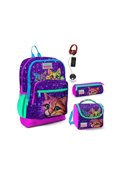 Coral High Mor Kedi Usb Soketli Üçlü İlkokul Çanta Seti - Kız Çocuk