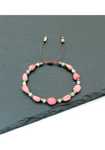 Sertifikalı Pembe Kuvars, Rodonit Ve Hematit Doğal Taşlı Kadın Bileklik / Bronz Gold Pembe
