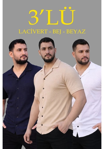 Assema Erkek Waffle Dokuma Açık Yakalı Düğmeli Regular Kalıp 3 Lü Gömlek Seti - Bej, Beyaz, Lacivert Çok Renkli