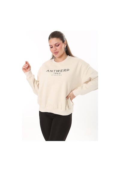 Şans Kadın Büyük Beden Bej İçi Şardonlu Kumaş Ön Baskılı Sweatshirt 65n37719-bej Bej