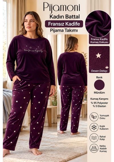 Pijamoni Kadın Battal Fransız Kadife Pijama Takımı 42305 - 1 Adet Mor