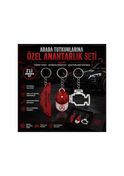 Şık Tasarım Üçlü Araba Anahtarlık Seti Kırmızı Kırmızı