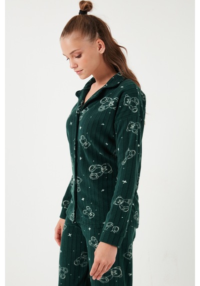 Lela Standart Fit Düğmeli Polarlı Bayan Pijama Takımı 6095616 Yeşil