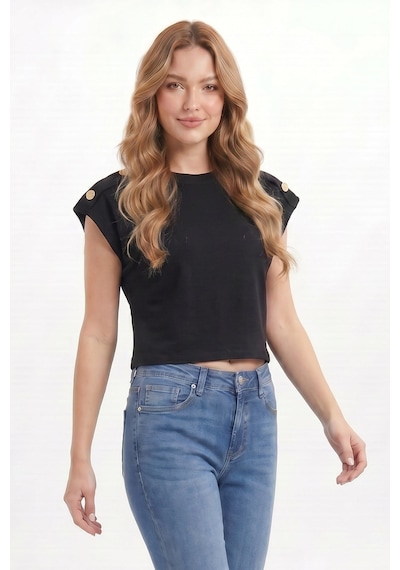 Tudors Kadın Oversize Geniş Kesim Bisiklet Yaka Omzu Düğmeli Likralı Siyah Viskon Bluz-50868