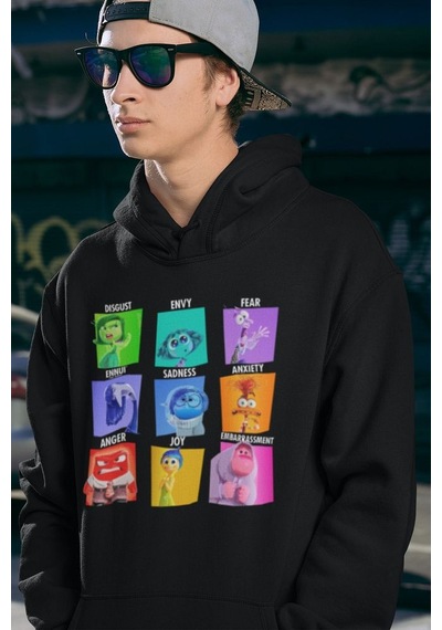 Çizgi Film Ters Yüz Baskılı Unisex Oversize Insiide Out Hoodie Siyah