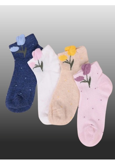 Kıpırık Baby 4'lü Kız Çocuk Çiçek Detaylı Patik Çorap-1224 ÇoK Renkli