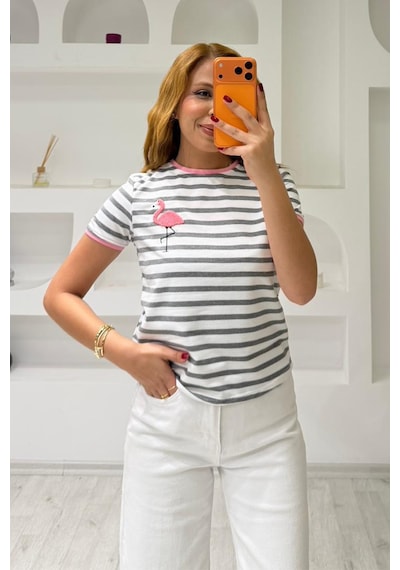 Fiolin Bisiklet Yaka Çizgili T-shirt Pembe