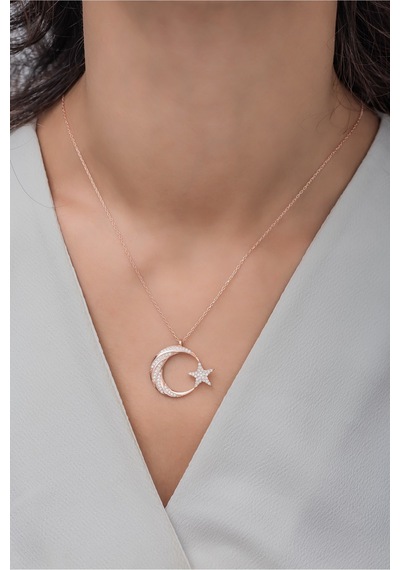 925 Ayar Gümüş Rose Zirkon Taşlı Ayyıldız Kolye Rose Gold