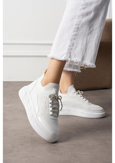 Shoetek Polivya Kadın Sneakers Taşlı Bağcıklı Triko Dokumalı Spor Ayakkabı Beyaz Deri Beyaz Shoetek Polivya Kadın Sneakers Taşlı Bağcıklı Triko Dokumalı Spor Ayakkabı Beyaz Deri Beyaz