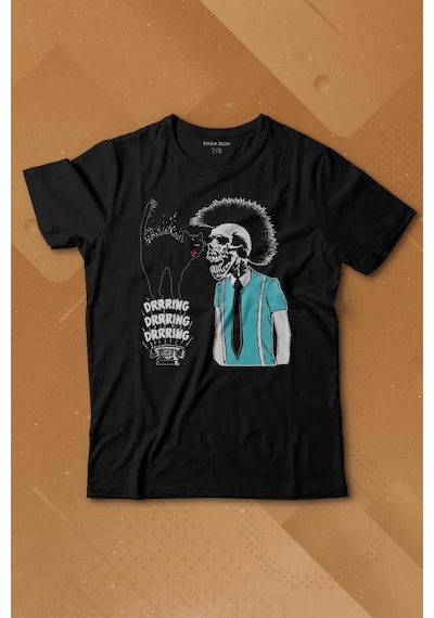 Kendim Seçtim Mohikan İskelet Adam Kara Kedi Nostalji Telefon Zili Baskılı Tişört Çocuk T-shirt 001