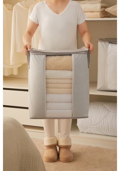 Ocean Home Textile Pvc Pencereli Gri Çizgili Stuff & Things Hurç 45 x 30 x 50 cm