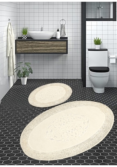 Cotton Special 2'li Oval Osmanlı Desen Pamuklu Klozet Takımı Krem 60 x 100 / 50 x 60 CM Krem