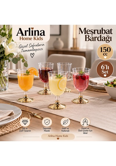 150cc 6'lı Gold Ayaklı Plastik Meşrubat Bardağı Beyaz