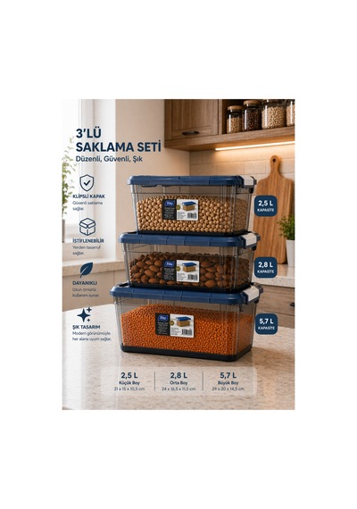 Emilahome Stack Box -3'lü Saklama Kabı Klipsli 2,5 Lt-2,8 Lt-5,7 Lt Lacivert - 869197418 Lacivert