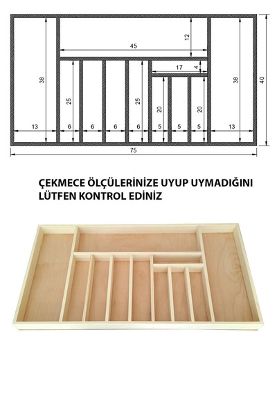 Ahşap Kaşıklık 75 X 40 Cm. Çekmece İçi Yemek Takımı Ve Servis Gereçleri Düzenleyici Organizer
