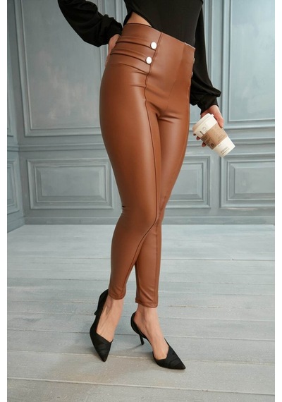 Winmoda34 Beli Detaylı Içi Kalın Kürklü Termal Push Up Kadın Deri Tayt Taba