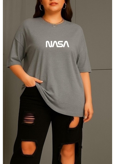 Büyük Beden Nasa Baskılı Unisex Tişört Gri