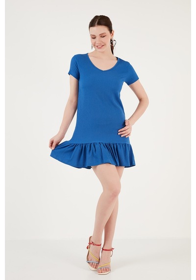 Lela Regular Fit Fırfırlı V Yaka Bürümcük Mini Bayan Elbise 5865071 Saks