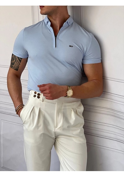 Modefendi Pamuk Likra Slim Fit Kalıp Bebe Yaka Fermuarlı Tshirt Buz Mavi Modefendi Pamuk Likra Slim Fit Kalıp Bebe Yaka Fermuarlı Tshirt Buz Mavi
