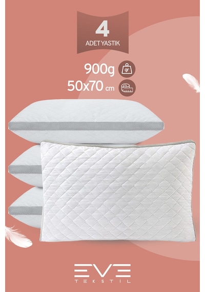 Eve Tekstil 4 Adet Klimax Serisi Kılıflı Fermuarlı Klimali Antialerjik Silikon Elyaf Yastık 50x70cm 900 Gr Beyaz