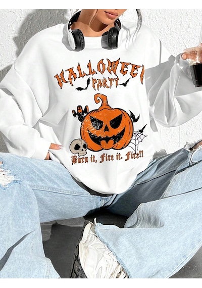 Startmore Coolane Halloween Print Drop Shoulder Oversize Sweatshirt Beyaz Beyaz