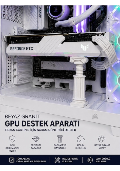 Ayarlanabilir Beyaz Granit Gpu Destek Aparatı - Ekran Kartı Tutucu Sarkma Önleyici Stand - Gpu Support