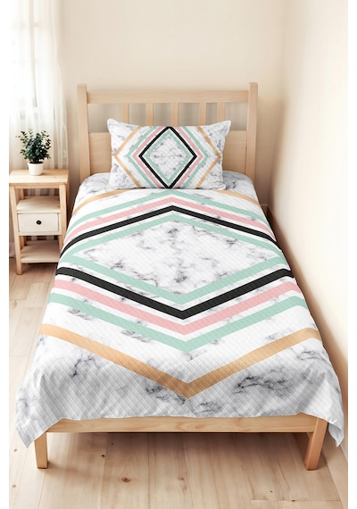 Mermer Geometrik Mint Genç Odası Tek Kişilik Pike Takımı - Pudra Antrasit 160x220 Cm Yatak Örtüsü Mistik Kadife Kıyısı