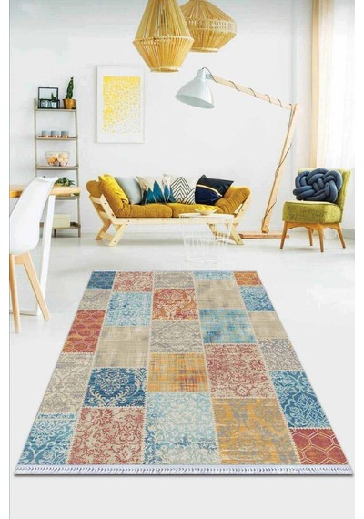 Çok Renkli Patchwork Dokuma Pamuk Taban Kaymaz Kilim Klm055n11 Mavi - Sarı