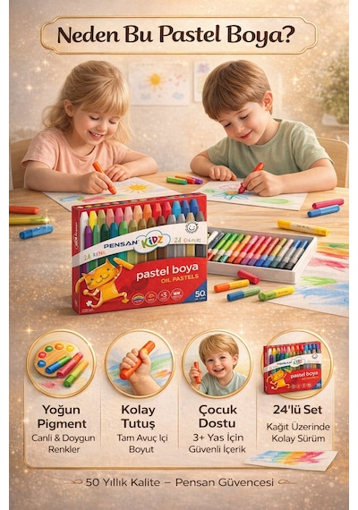 Kidz 24 Renk Pastel Boya Seti Yumuşak Uçlu, Canlı Ve Yoğun Pigmentli Oil Pastel Beyaz