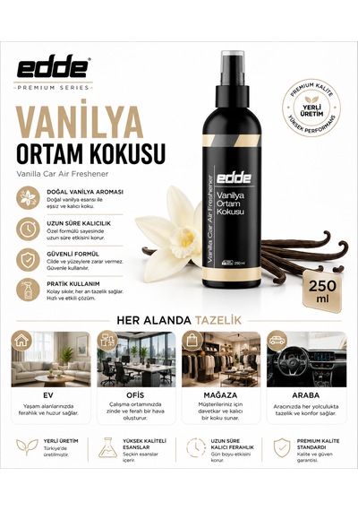 Edde Vanilya Kokulu Ferah Kalıcı Araba Araç Oto Kokusu Araç Içi Kokuları 250 Ml Oto Parfümü Oto Detailing 250ml