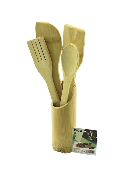 İbico İ22-195 5 Parça Ahşap Bambu Mutfak Servis Seti Kaşık Çatal 2 Adet Spatula Stand 27.5cm 30cm