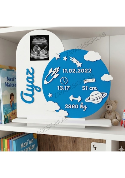 Kişiselleştirilmiş 3d Tasarım Bebek Odası Dekoru Doğum Bilgileri Süsü- Yenidoğan Hediyelik / 15 Cm Açık Mavi