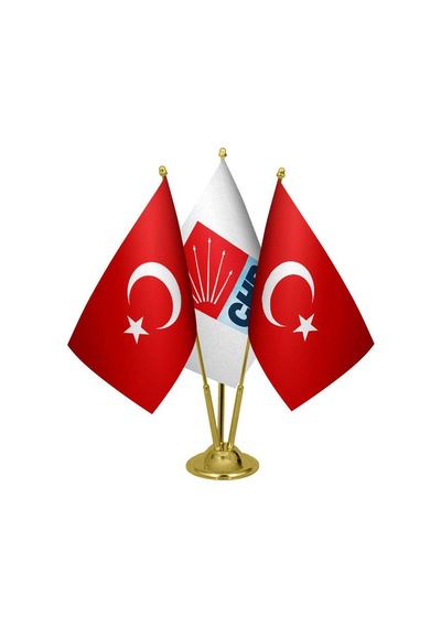 Masa Üstü Chp Bayrağı Türk Bayrağı Üçlü Pirinç Direk Masa Bayrak