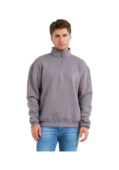 Justever Regular Fit Dik Yaka Yarı Fermuarlı Şardonlu Gri Erkek Sweatshirt - Prime Gri