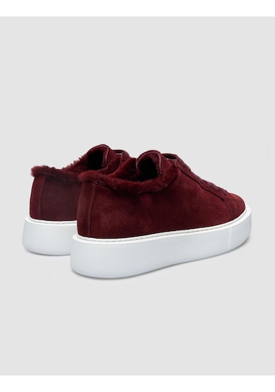 %100 Hakiki Deri Bordo Süet Kürklü Kadın Sneaker Bordo
