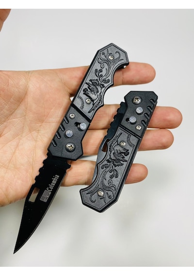 Kuş Desenli Düğmeli Mini Kamp Çakı-15 CM Siyah