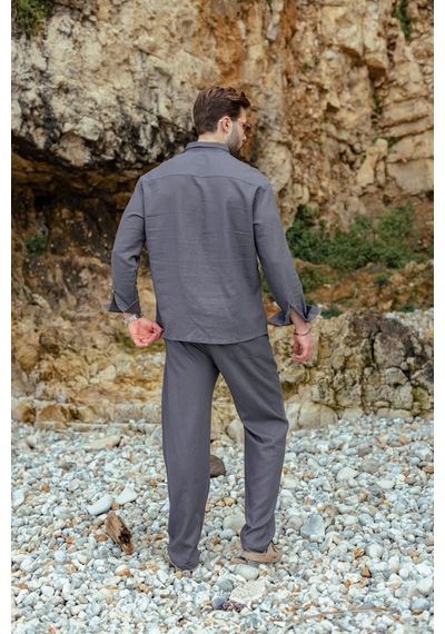 Madmext Füme Rahat Kesim Keten Erkek Gömlek Pantolon Takım E7362