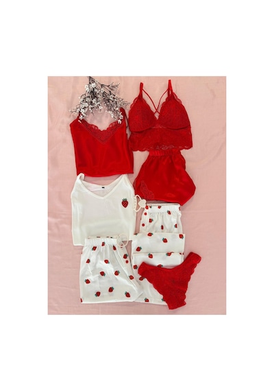 Mh Moony Homewears Kutulu 7'li Çilek Saten Pijama İç Giyim Çeyiz Seti Kırmızı